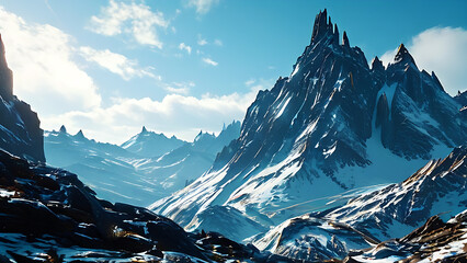 Majestic snow-capped mountain peaks rise against a bright blue sky, a breathtaking view of nature's grandeur.