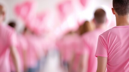 People wearing pink shirts standing together, blurred background. Support and awareness event emphasizing community and solidarity.