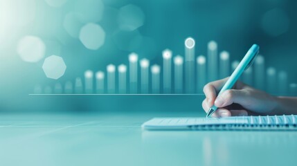 Person writing in a notebook with a pen, graph chart in the background. Concept of growth, analysis, data visualization, success and finance.