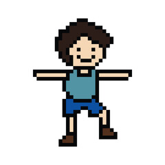 Cute pixel cartoon 8bit character man exercises training dance lifestyle music decoration life style 8 bit male boy dance with music game fitness isolated PNG vector.