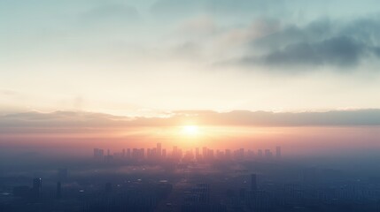 Fototapeta premium Aerial view of a city skyline at sunrise with a beautiful gradient sky and soft clouds, casting warm light and shadows over the buildings.