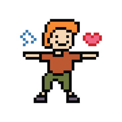 Cute pixel cartoon 8bit character man exercises training dance lifestyle music decoration life style 8 bit male boy dance with music game fitness isolated PNG vector.