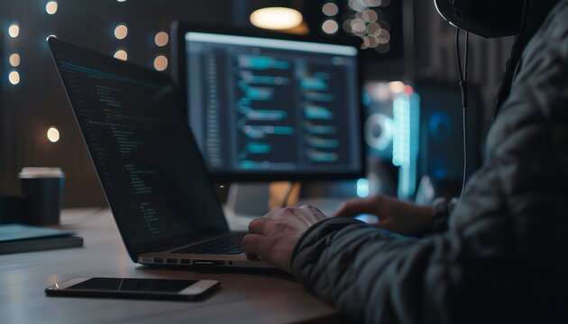 Software developer coding on a laptop at a desk, close up, programming theme, realistic, fusion, home office backdrop