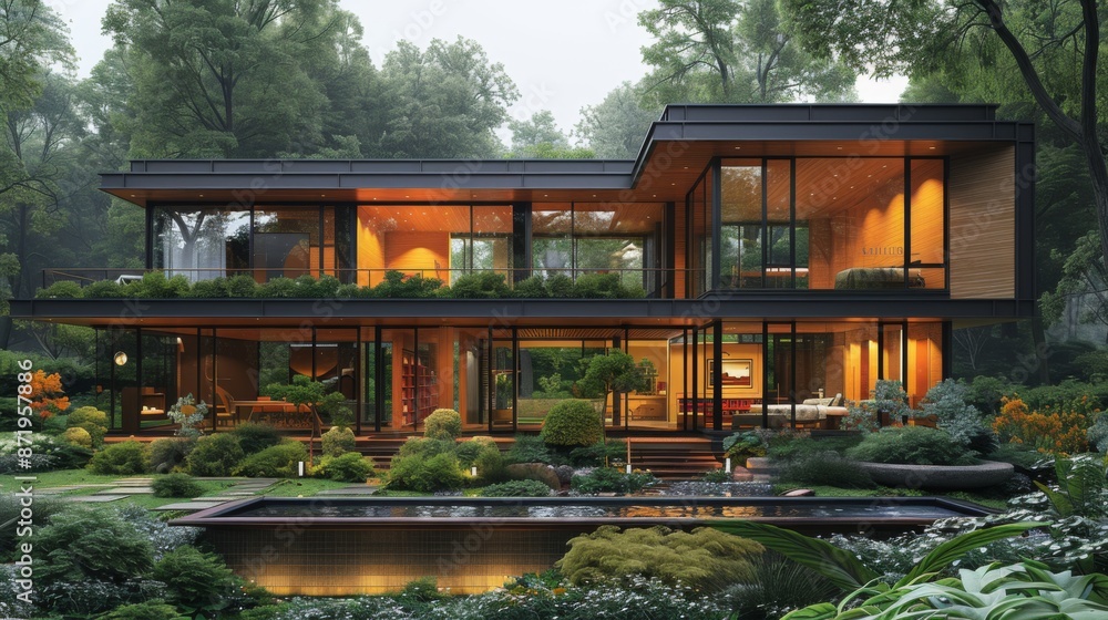 Poster an evocative architectural rendering showcasing the design concept for a new energy-efficient buildi