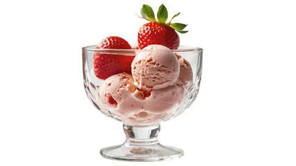 photo of pink ice cream with strawberry decoration on isolated transparent background (PNG)