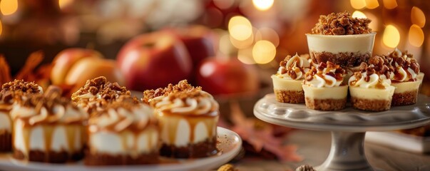 Autumn-themed dessert table featuring individual caramel cheesecakes and fresh red apples, set against a warm, festive backdrop with bokeh lights.