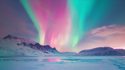 Naklejka premium vibrant display of the Northern Lights (Aurora Borealis) over a snow-covered mountainous landscape