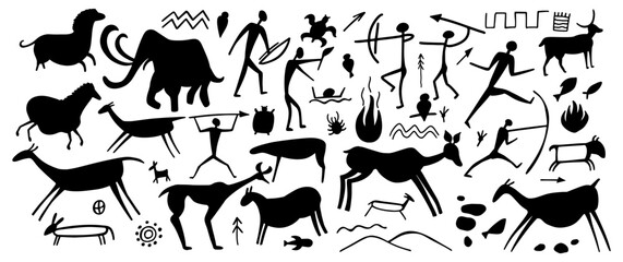 Cave painting on stone, ancient wall of prehistoric humans, animals, weapons. Primitive men and woman of tribe silhouette illustration. Vector caveman art background