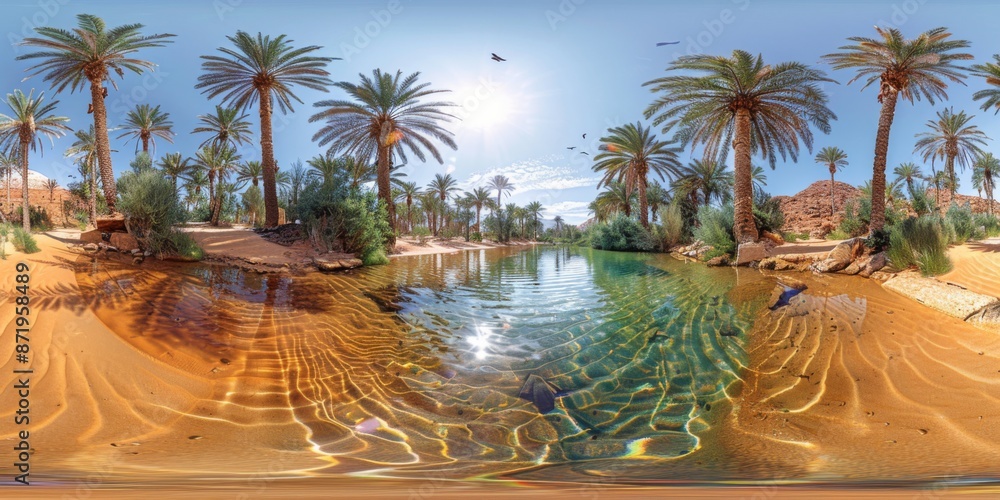Poster an immersive 360-degree equirectangular panorama of a serene desert oasis, with palm trees swaying i