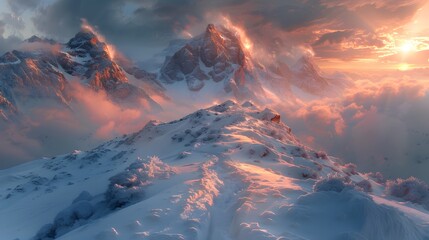 Pathway leading through a snowy mountain pass, sunlight breaking through the clouds at the summit, early morning, peaks covered in a delicate glow.