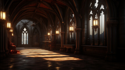 Obraz premium The rooms and corridors of the old castle at night with their dimly lit candles