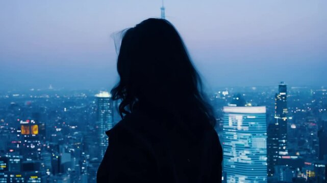 Woman Silhouetted Against City Skyline at Dusk Generative AI