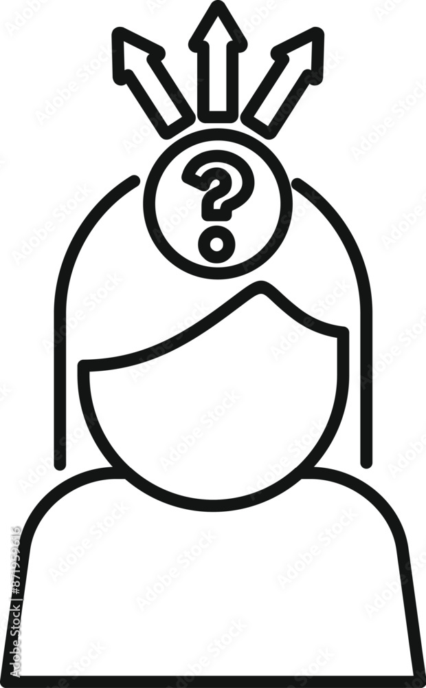 Poster stylized icon of a person thinking with a question mark above their head and arrows pointing in diff