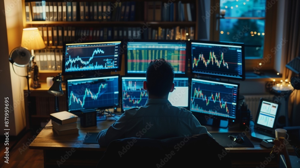Poster A man sits at his desk, facing multiple computer monitors displaying stock charts. He is working late at night in his home office.