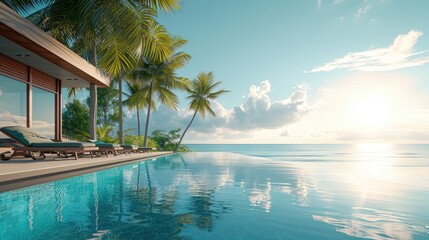 Fototapeta premium Relaxing tropical resort with a clear water pool overlooking the vast ocean, palm trees and comfortable lounge chairs