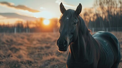 Obraz premium a horse The background is nature during sunset