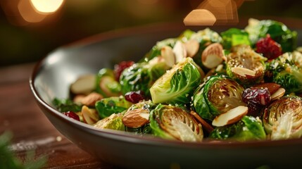 Close-up of a delicious roasted Brussels sprouts dish garnished with almonds and cranberries in a black bowl on a wooden table.