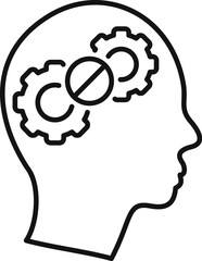 Line art icon of a human head with cogwheels and co2 crossed out symbolizing eco conscious thinking