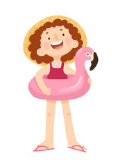 Cute little kid girl on summer holiday with Pink Flamingo Pool Float