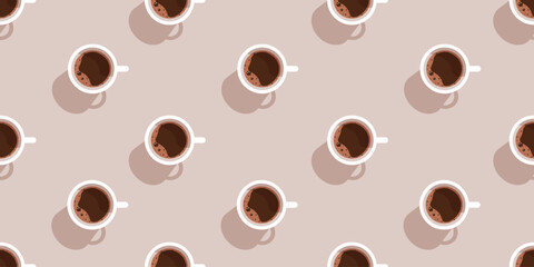 Mocha mousse 2025 trendy color coffee cup seamless pattern. Realistic espresso ornament. Mug of americano. Flat vector aesthetic can used fabric, textile, wall print. EPS 10