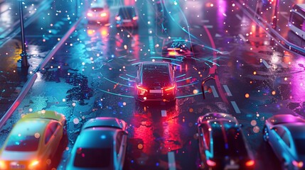 Fototapeta premium Self-driving autonomous cars, FSD, Neon HUD elements visualize the interaction of driverless cars connected to a common network, sony A7R5, photography, high resolution, realistic 