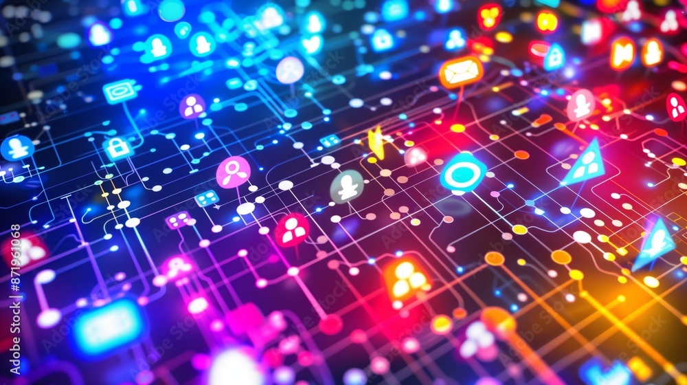 Poster An abstract representation of a digital network, with glowing icons and lines. The image suggests a complex and interconnected system.