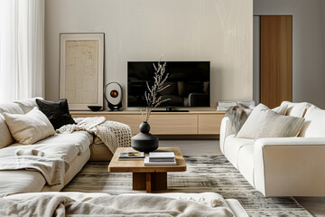 A modern living room in scandinavian style with white sofas, a wooden coffee table, and a black vase with dried branches. The room features a large flat-screen TV and rug