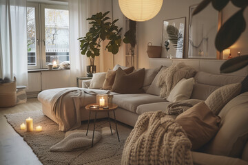 A cozy living room with a sectional sofa adorned with pillows and blankets, illuminated by candles and a paper lantern