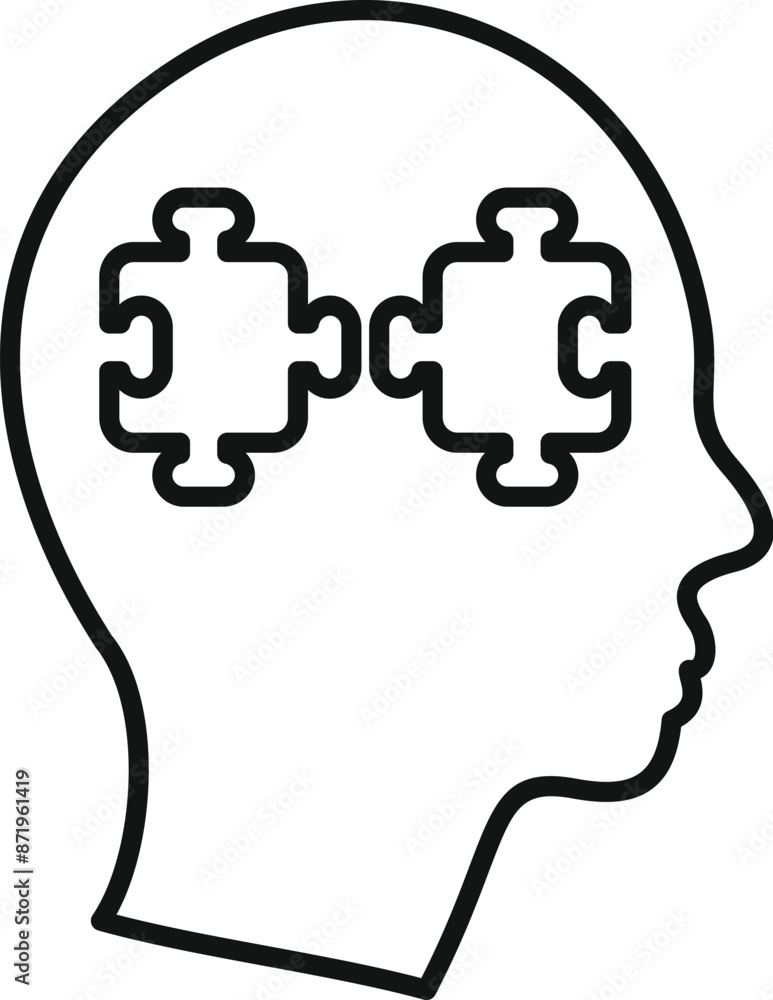 Poster line drawing of the human head in profile with two puzzle pieces forming a brain symbolizing thinkin