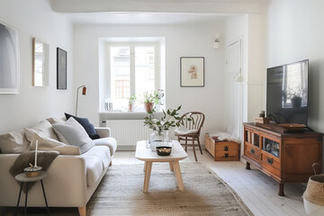 Scandinavian style living room with white sofa, tv set, wooden coffee table, and  window. Minimalist decor shines with simplicity and functionality
