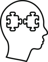 Line drawing of the human head in profile with two puzzle pieces forming a brain symbolizing thinking
