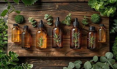set of natural organic spa beauty products on wooden board, eucalyptus leaves amber glass cosmetic bottles top view.stock photo