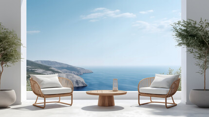 Imagine a serene beachside scene with a table and chairs on the sand, overlooking the ocean under a clear blue sky