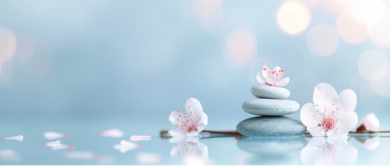 Spa stones with pink flowers on a soft blue background, creating a calming and serene ambiance for relaxation and wellness.