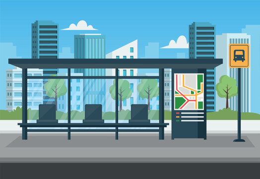 Empty bus stop with city skyline background. Bus stop public transport in flat style. Vector stock