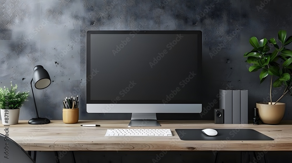 Poster a sleek workspace featuring a high-tech computer and wireless accessories, positioned against a cool