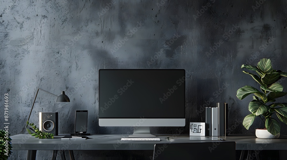 Fototapete A sleek workspace featuring a high-tech computer and wireless accessories, positioned against a cool grey wall. Web banner format with ample negative space on the left for text or graphics.
