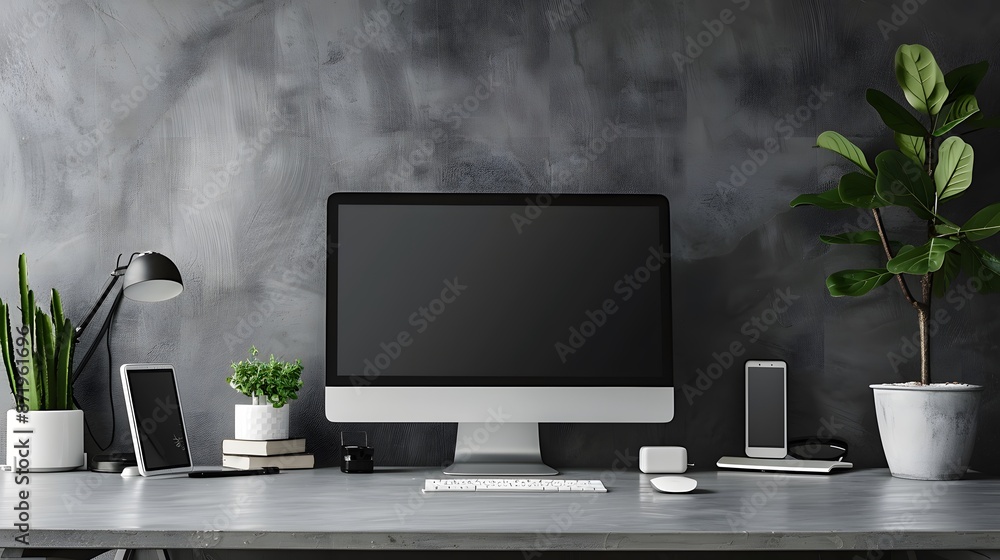 Fototapete A sleek workspace featuring a high-tech computer and wireless accessories, positioned against a cool grey wall. Web banner format with ample negative space on the left for text or graphics.