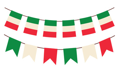 Fototapeta premium Italian flags on the ropes. Set of Italtian flags bunting garlands. Decoration of Italy flags. Isolated on white background. Vector illustration.