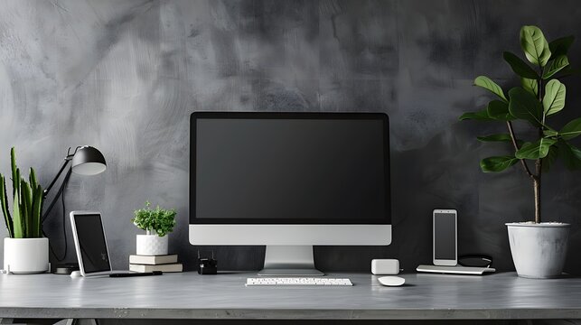 A sleek workspace featuring a high-tech computer and wireless accessories, positioned against a cool grey wall. Web banner format with ample negative space on the left for text or graphics.