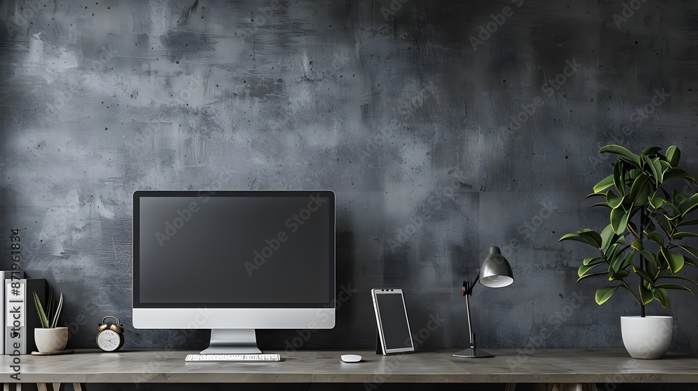 Fototapete A sleek workspace featuring a high-tech computer and wireless accessories, positioned against a cool grey wall. Web banner format with ample negative space on the left for text or graphics.