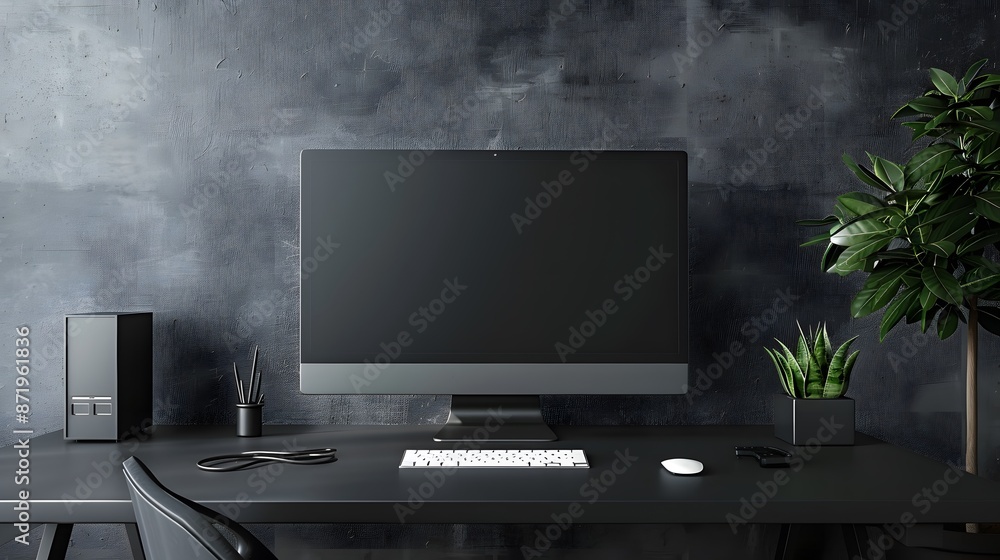 Fototapete A sleek workspace featuring a high-tech computer and wireless accessories, positioned against a cool grey wall. Web banner format with ample negative space on the left for text or graphics.
