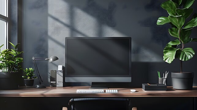 A sleek workspace featuring a high-tech computer and wireless accessories, positioned against a cool grey wall. Web banner format with ample negative space on the left for text or graphics.