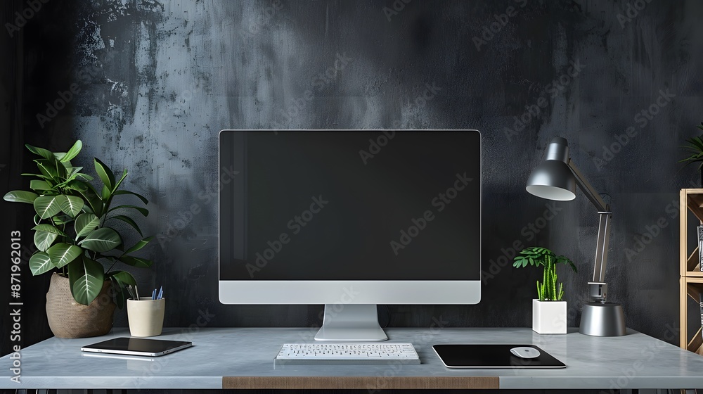 Fototapete A sleek workspace featuring a high-tech computer and wireless accessories, positioned against a cool grey wall. Web banner format with ample negative space on the left for text or graphics.