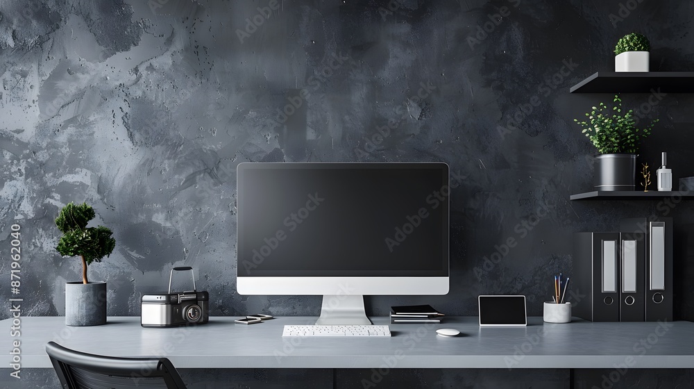 Fototapete A sleek workspace featuring a high-tech computer and wireless accessories, positioned against a cool grey wall. Web banner format with ample negative space on the left for text or graphics.