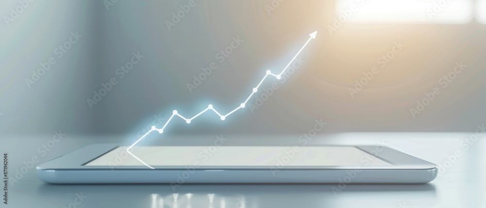 Poster a tablet with a graph showing a rising line