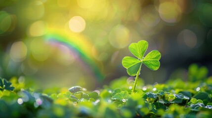 Lush Four Leaf Clover with Vibrant Rainbow Background for St. Patrick's Day Celebration Banner. Green Bokeh Nature Background Emphasizing Good Luck and Festive Spirit.