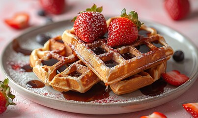 valentine day breakfast, heart shaped waffles, strawberries in plate on pink background.stock image