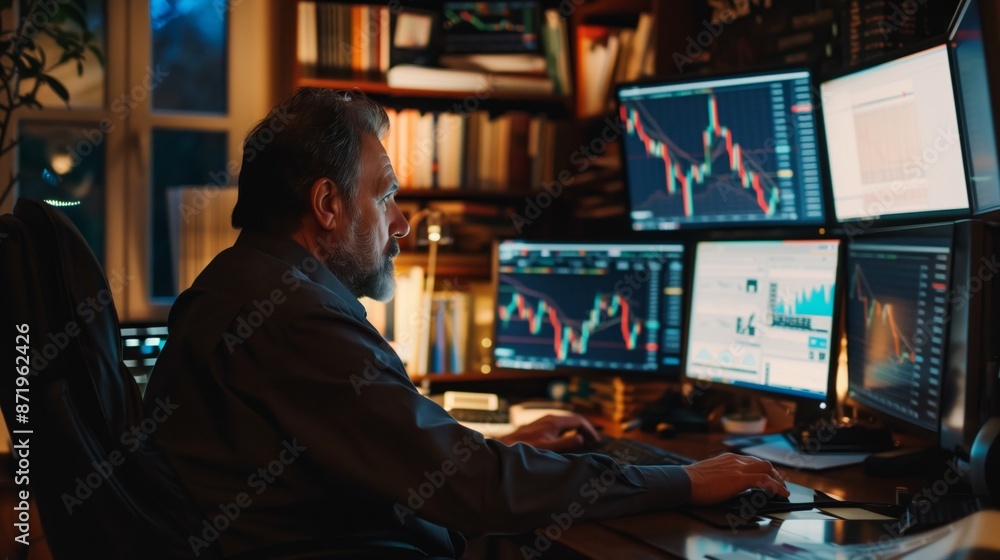 Aufkleber a man sits at a desk in a dimly lit room, focused on analyzing financial data displayed on multiple 