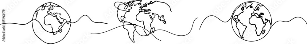 Aufkleber vector illustration features a continuous line drawing of the world map, symbolizing global connection and unity. Its simplistic yet profound design is perfect for educational, environmental
